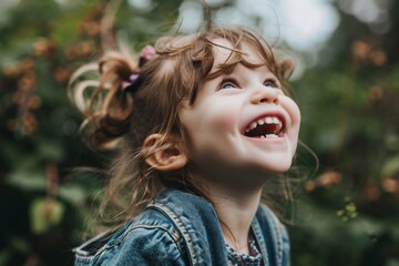 Portrait of a cute little girl in a denim jacket on the nature.