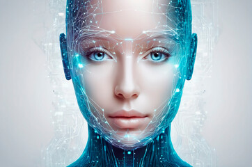 Digital face of a person. The concept of artificial intelligence. Generative AI