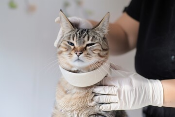 cat getting a soft, padded neck collar fitted after grooming