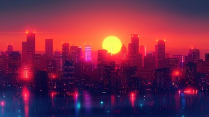 Fototapeta premium A vibrant cityscape at dusk with buildings outlined in neon lights, using brushes and custom shapes for light streaks and flares.