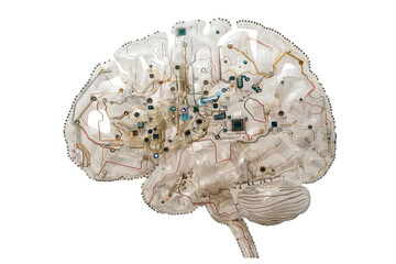 A computer brain isolated on a transparent background, Generative AI
