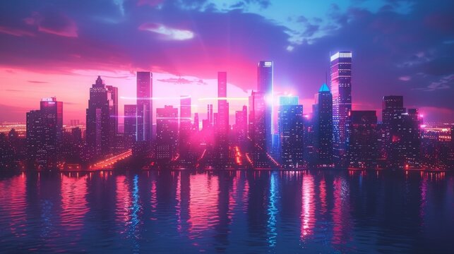 A vibrant cityscape at dusk with buildings outlined in neon lights, using brushes and custom shapes for light streaks and flares.