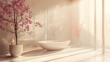 Fototapeta premium A website hero image for a luxury spa, where the spa's tranquil setting is viewed through a glass blur shape, against a serene, soft color background.