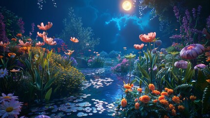 A whimsical garden scene where flowers and plants have faces and personalities, engaging in a lively garden party under the moonlight. - obrazy, fototapety, plakaty