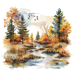 Watercolor Autumn Landscape Clipart 
