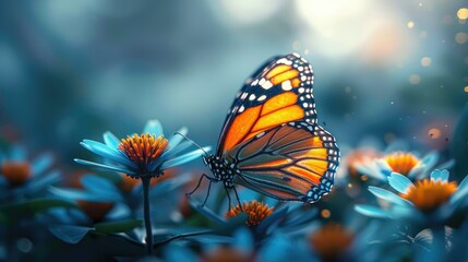 Fototapeta premium Monarch butterfly on a blue flower with a soft-focus background.