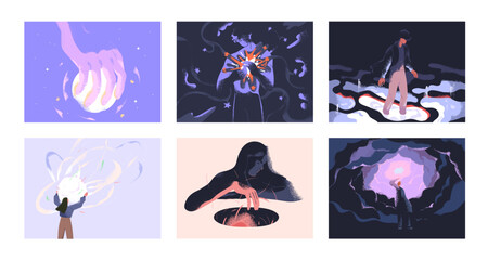 Light in darkness set. Characters in spiritual surreal space, dream, glowing effect, sparkles and mystery. Psychology, philosophy, mind, insight and subconscious concept. Flat vector illustrations
