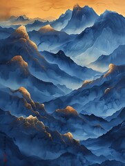 Ray Traced Chinese Ink Painting: Gold and Blue Mountains on Black Background