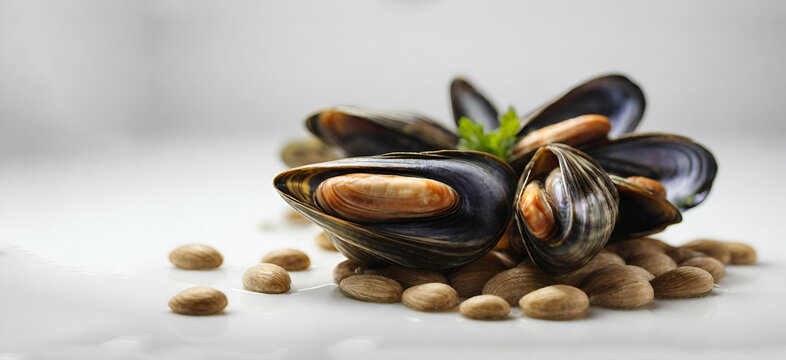 Boiled open chilean mussels (Mytilus chilensis L.) isolated on white background. generative byai..