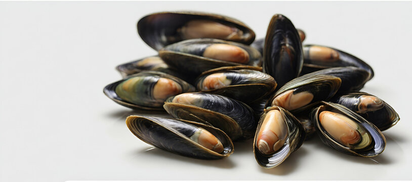 Boiled open chilean mussels (Mytilus chilensis L.) isolated on white background. generative byai..