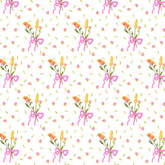 Seamless pattern with wild flowers. Summer floral background in retro style. Bright backdrop for wallpaper and fabric with a bouquet. Suitable for cards, backgrounds and invitations. For bed linen
