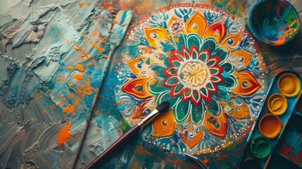 Artistic Mandala and Paint Brushes on Canvas