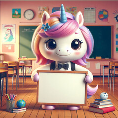 Small cute unicorn holding a blank sign in a school classroom setting, photorealistic style