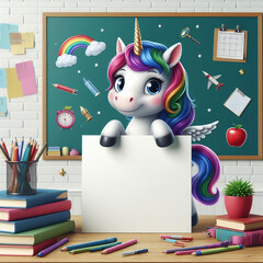 Small cute unicorn holding a blank sign in a school classroom setting, shaded realistic style