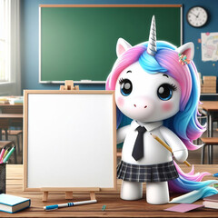 Small cute unicorn with a tie holding a blank sign in a school classroom setting, shaded realistic style