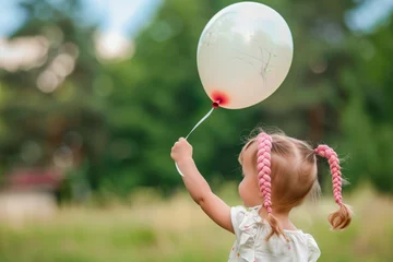 Fotobehang child with pink braided pigtails holding a balloon © studioworkstock
