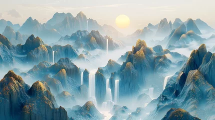Deurstickers Chinese Landscape Art: Mountains, Waterfalls, Blue Gradient, Bright Gold Accents © Muhammad