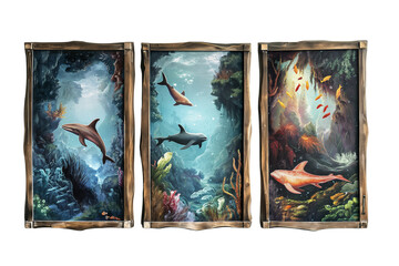3 beautiful framed paintings with a fantastic underwater world isolated on a transparent background, Generative AI
