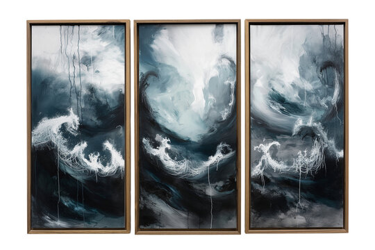 3 beautiful framed paintings with stormy sea isolated on transparent background, Generative AI