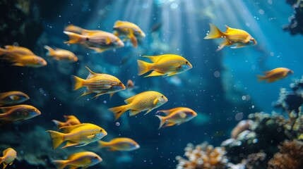 Naklejka na ściany i meble Vibrant tropical fish swimming in a sunlit coral reef aquarium