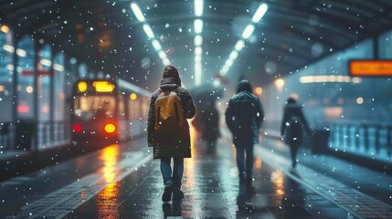 Commuters walking in a city during a snowy evening with street lights and a bus in the background. - obrazy, fototapety, plakaty
