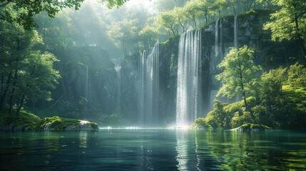 Fototapeta na wymiar Tranquil forest waterfall with lush greenery and serene lake.