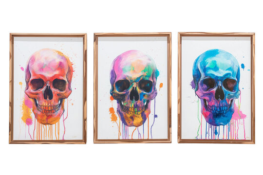 3 picture frames with colorful skull pictures cut out on a transparent background