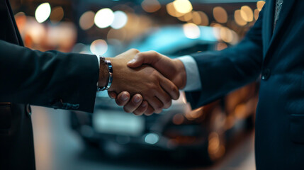 Close-up of two businessmen shaking hands in a car showroom - obrazy, fototapety, plakaty