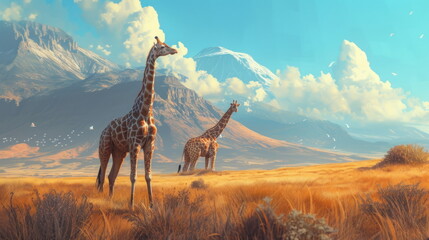 giraffes in the savannah with mountain background - obrazy, fototapety, plakaty