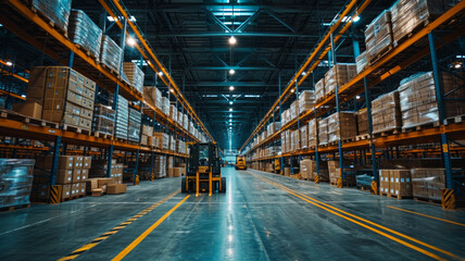 Fototapeta premium Warehouse or storehouse with rows of boxes on shelves. Industrial background.