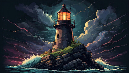 illustration of lighthouse at sunset in stormy weather
