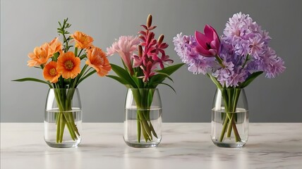 Spring time still live with bouquet of flowers in vase on blurred window background. AI generative image.

