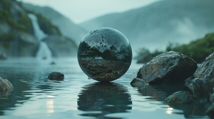 Reflective sphere balanced on rocks in tranquil water with misty mountains in the background.