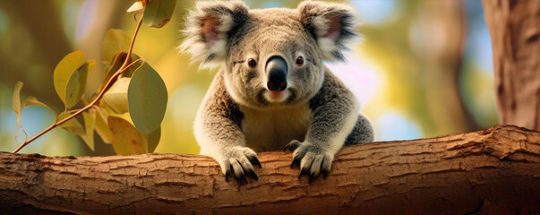 Obraz premium Koala on tree in natural habitat. Portrait of koala in sunshine backlight.