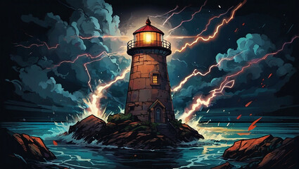 illustration of lighthouse at sunset in stormy weather