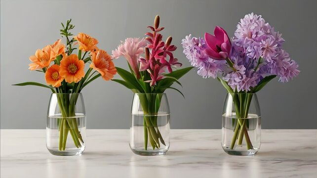 Spring time still live with bouquet of flowers in vase on blurred window background. AI generative image.
