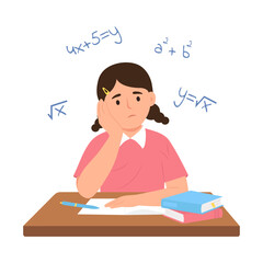 Child elementary school thought about solving theorem from higher mathematics.School education. Vector illustration
