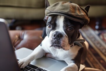 boston terrier in a cap, paw on a laptop keyboard