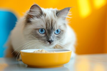 Serene blue-eyed fluffy cat attentively observing from behind a yellow bowl