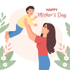 Happy Young Mother having fun with her son. Mum lifting kid up.Happy Mother's Day Greeting Card.Vector illustration