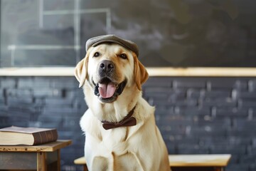 labrador sitting in a classroom with a cap and a blackboard behind