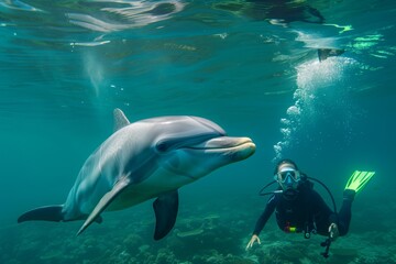 Obraz premium dolphin playfully interacting with a person doing snorkeling
