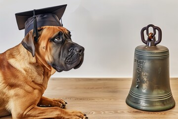 mastiff in a graduation cap, positioned next to a school bell - obrazy, fototapety, plakaty