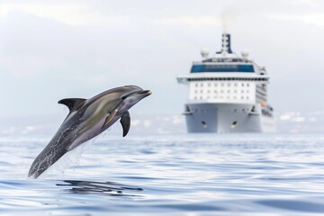 jumping dolphin with cruise ship in background - obrazy, fototapety, plakaty