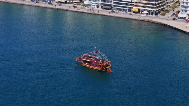 Aerial view of the trip boats approaching the waterfront in Thessaloniki Greece