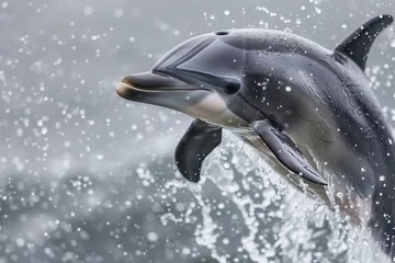 Zelfklevend Fotobehang a closeup of a dolphin midair with water droplets © studioworkstock