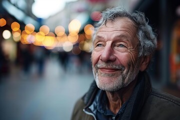Portrait of an old man with gray hair and beard in the city