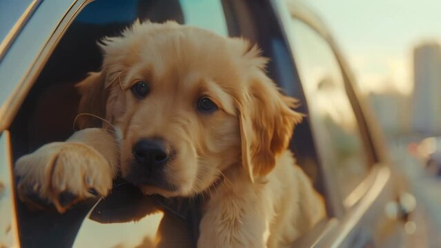 cute puppy leaning out car window. 4k video animation