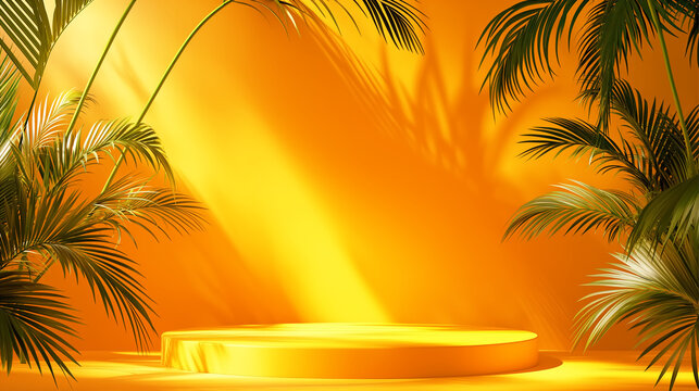 3D rendering of a orange cylindrical podium and palm trees.