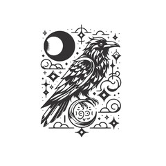 Mystical Raven with Crescent Moon and Esoteric Symbols Vector Illustration - Black and White